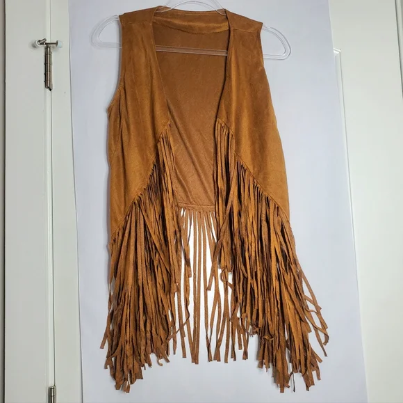 Fringe Faux Leather Tan Brown Vest Western Chic Festival Boho Revival cowgirl - Picture 1 of 4